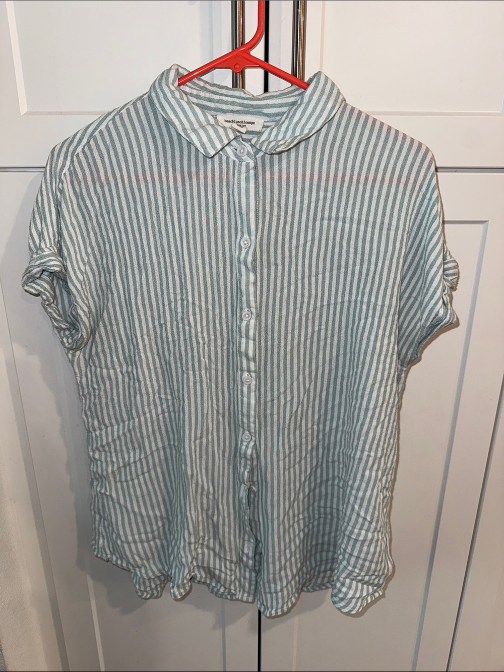 beachlunchlounge Green and White Striped Button-Down Shirt